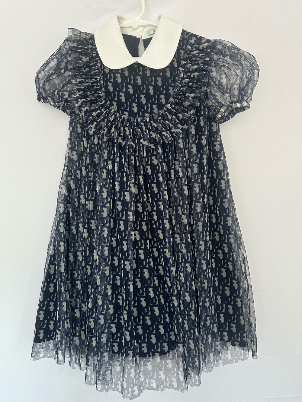 Navy Logo-Print Kids Dress with White Peter Pan Collar